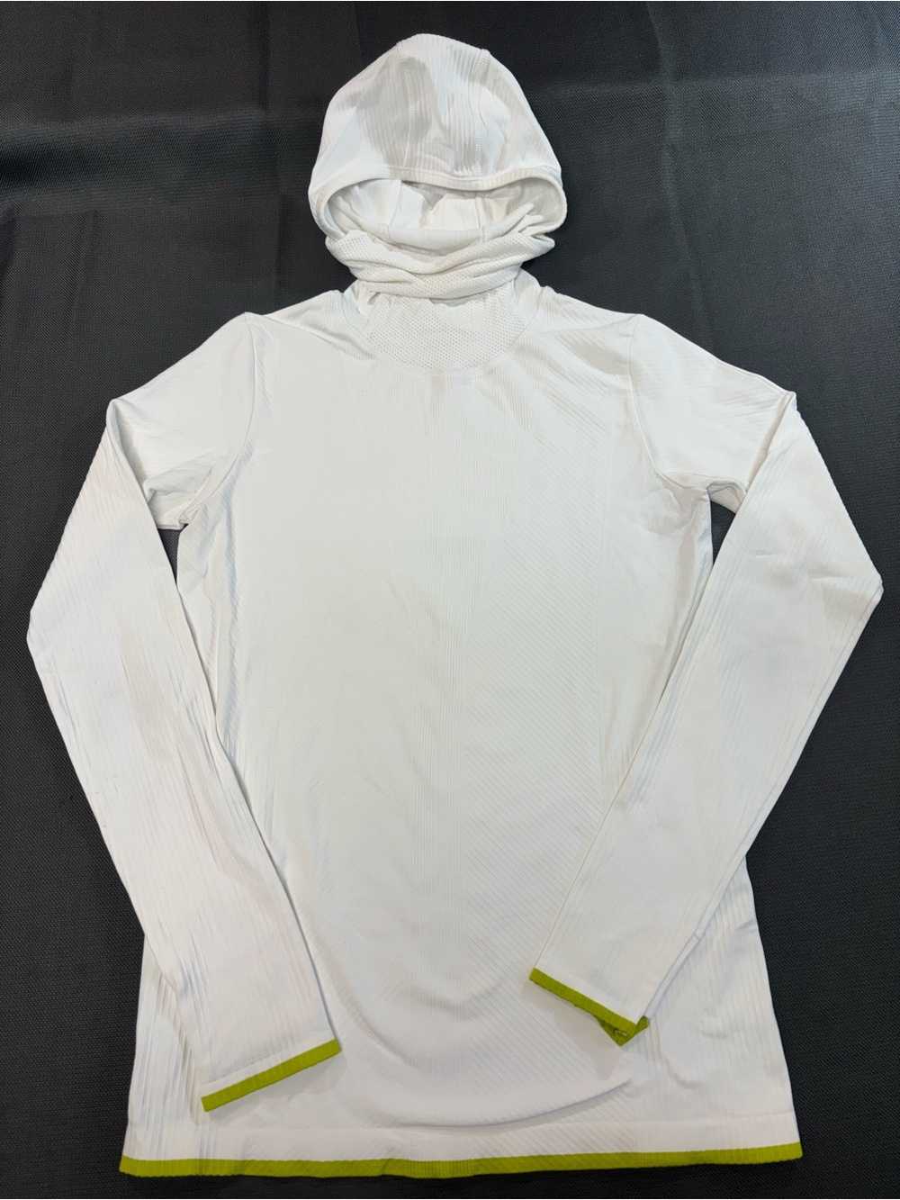 Athleta women’s white hooded athletic pullover, built-in balaclava gator size M